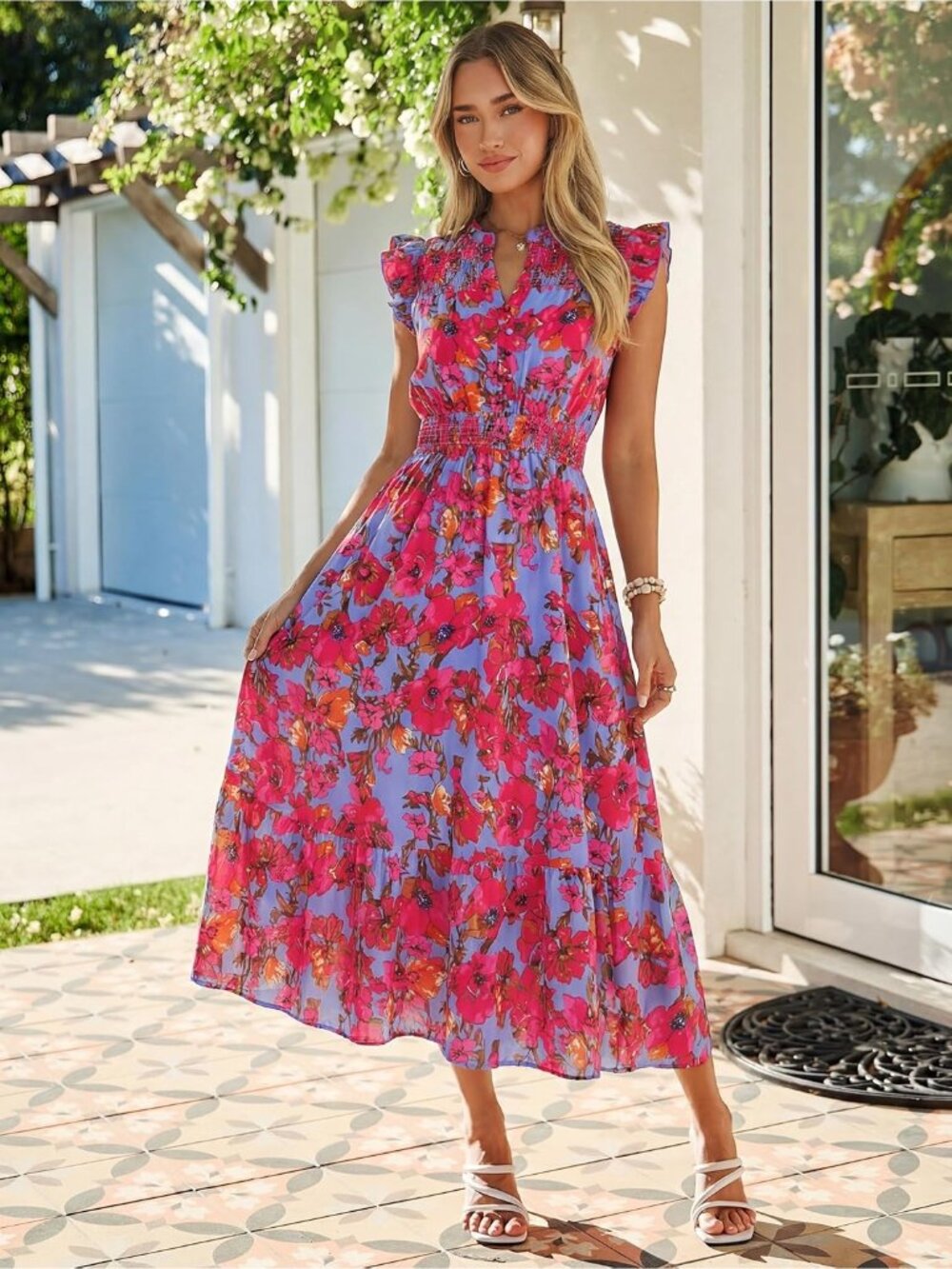 Women's Red Blue Floral Short Sleeve V Neck Casual Ruffle Imported Maxi Dress - Picture 2 of 6